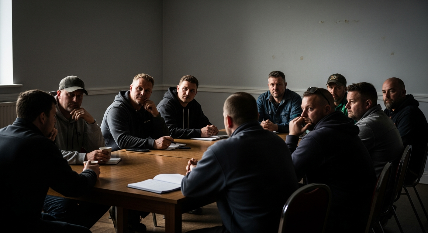 Small group of tradespeople sat around a table in a focused weekly session