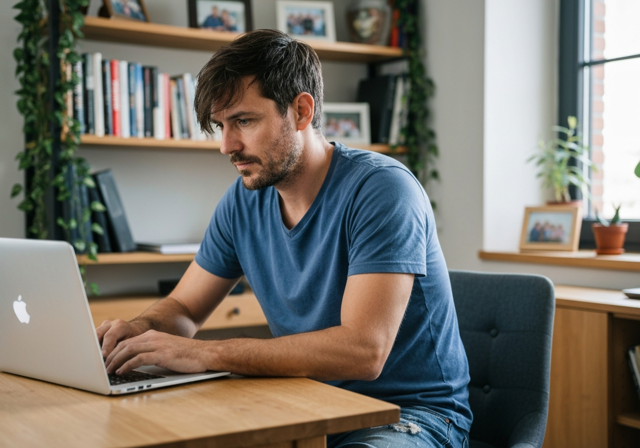 Trades business owner reviewing quotes and paperwork at a desk