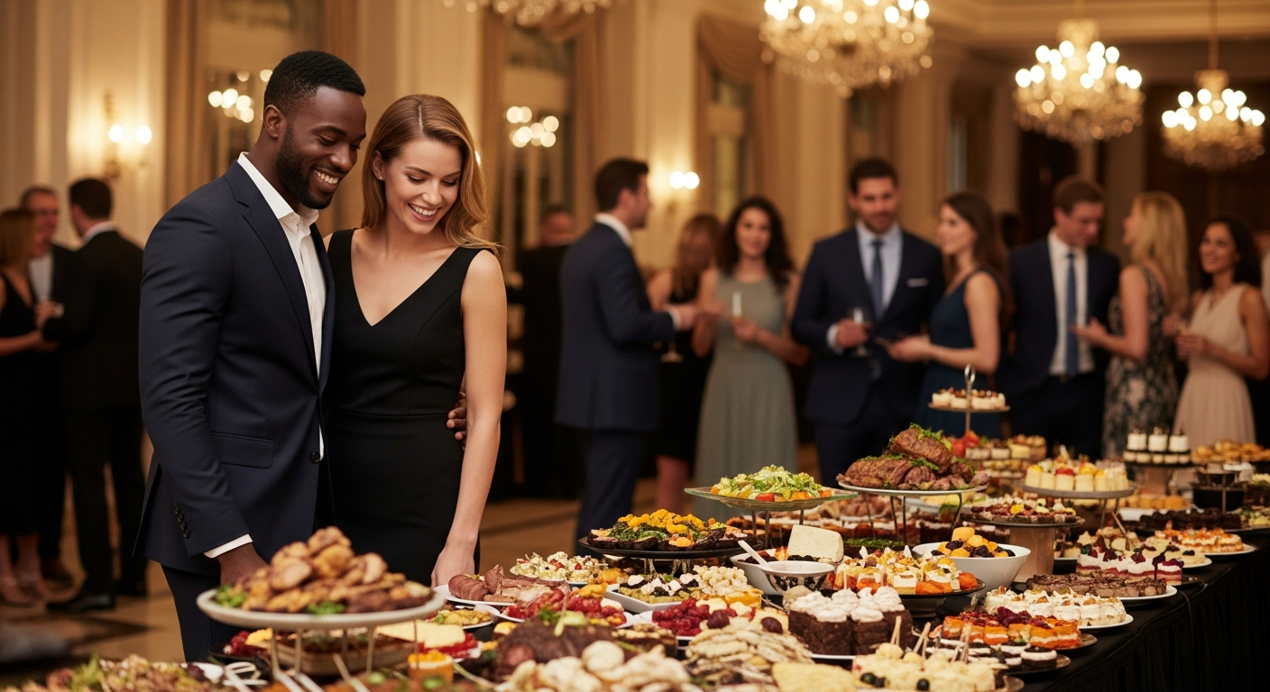 Couple souriant à une table de service traiteur gastronomique avec une foule diversifiée en arrière-plan