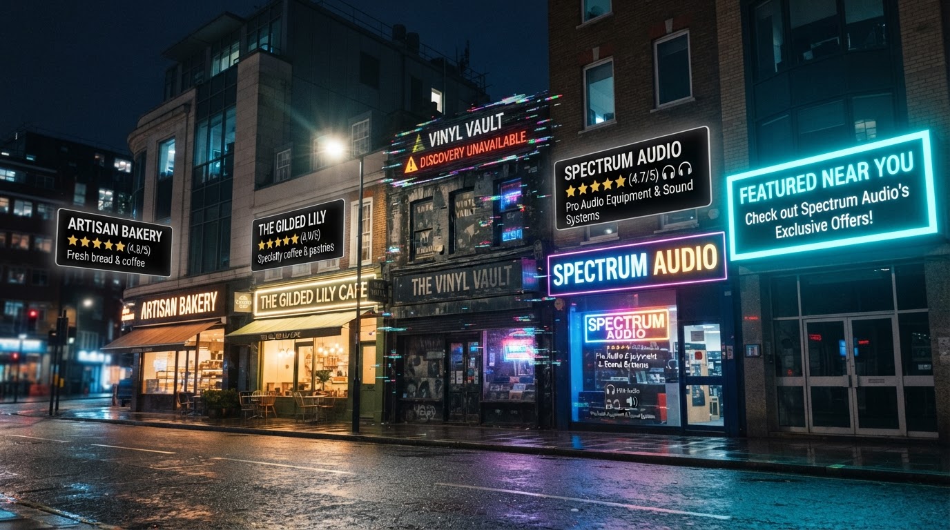 A digitally invisible business storefront beside a competitor marked Featured Near You, illustrating the importance of search and AI visibility.