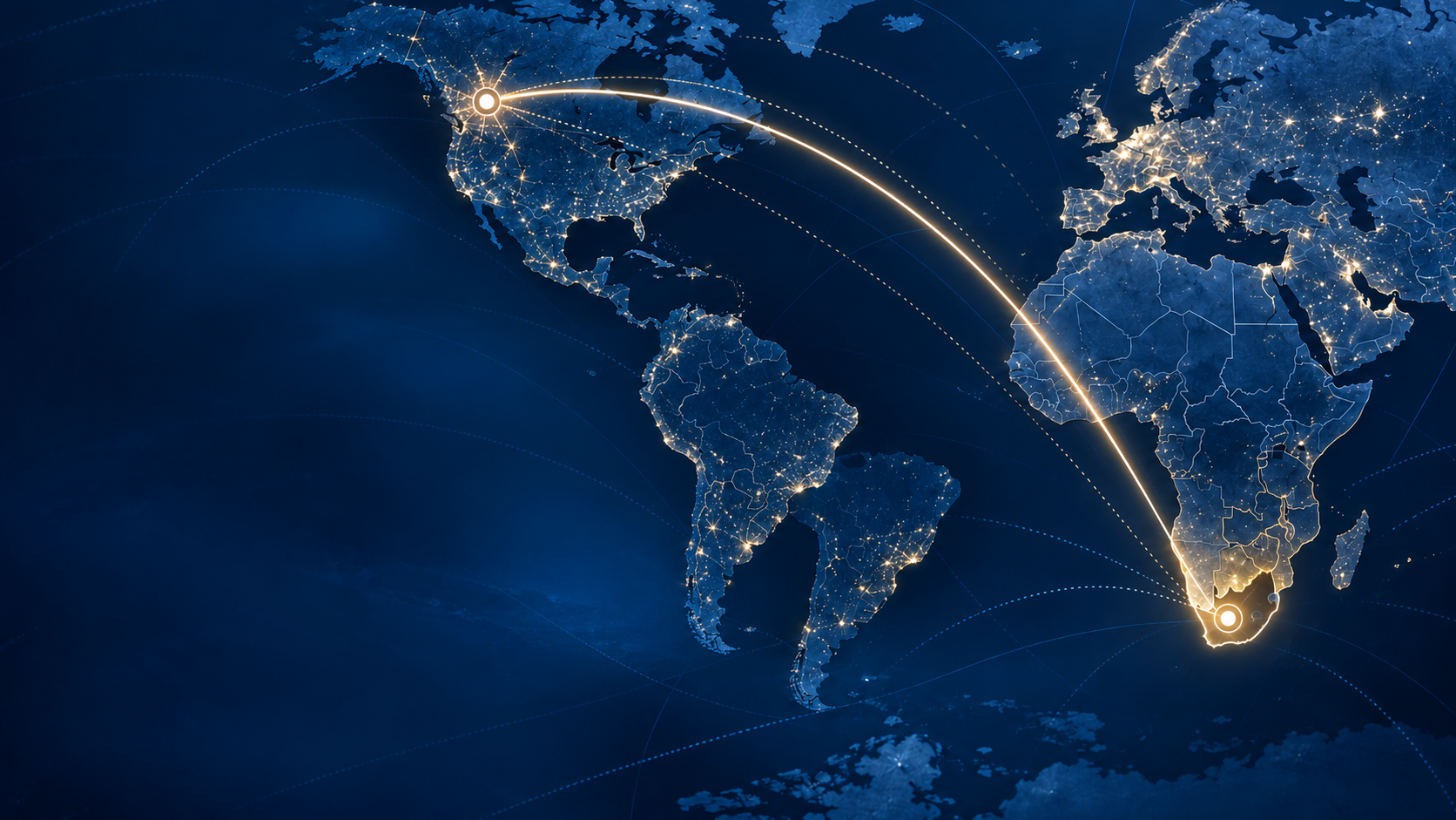 Illuminated world map connecting Calgary, Canada and Pretoria, South Africa