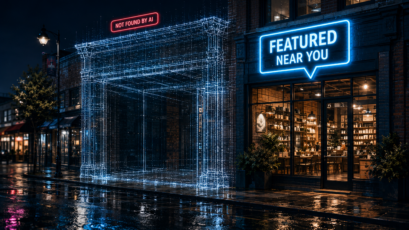 A digitally invisible business storefront beside a competitor marked Featured Near You, illustrating the importance of search and AI visibility.