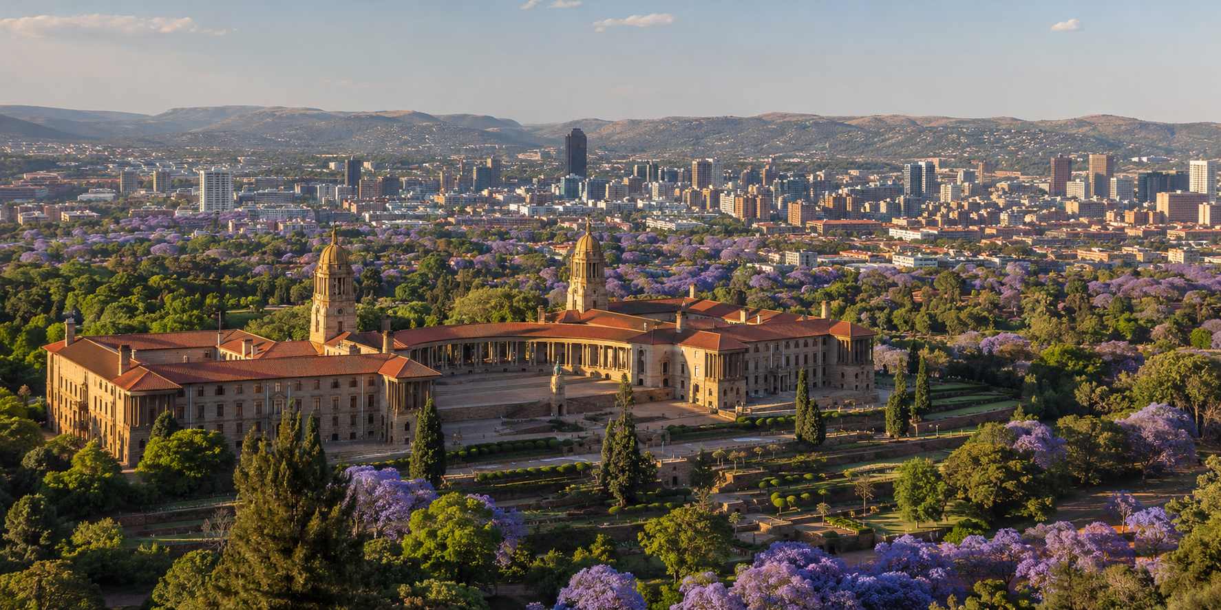 Pretoria cityscape with the Union Buildings, jacaranda trees and surrounding Gauteng ridges.