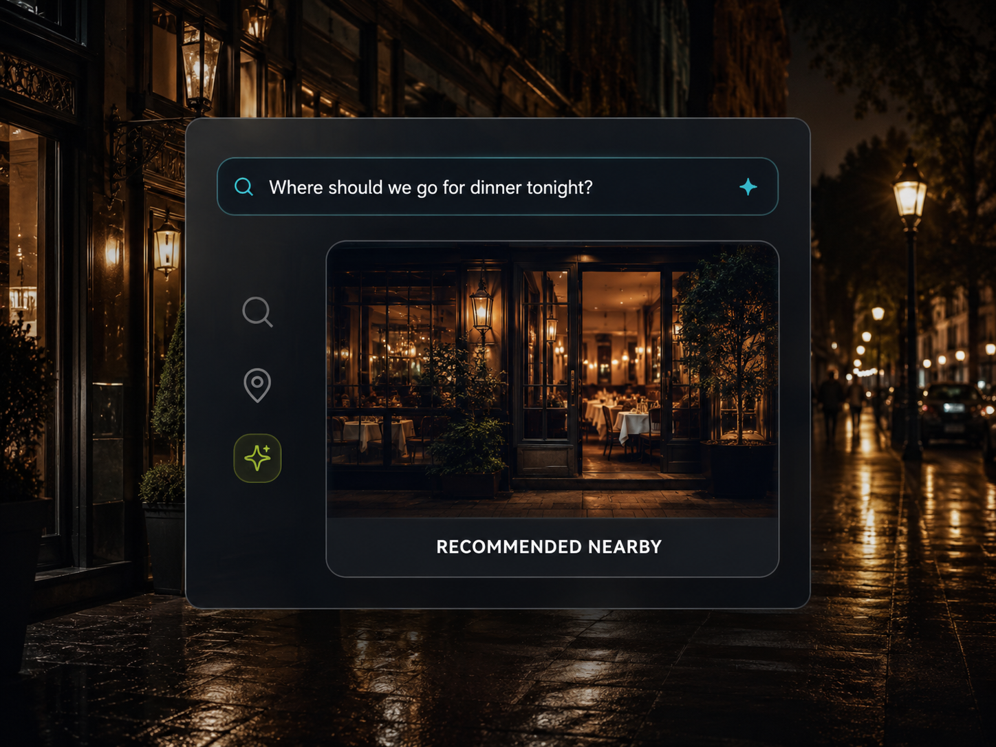 AI recommendation interface showing a restaurant recommended nearby