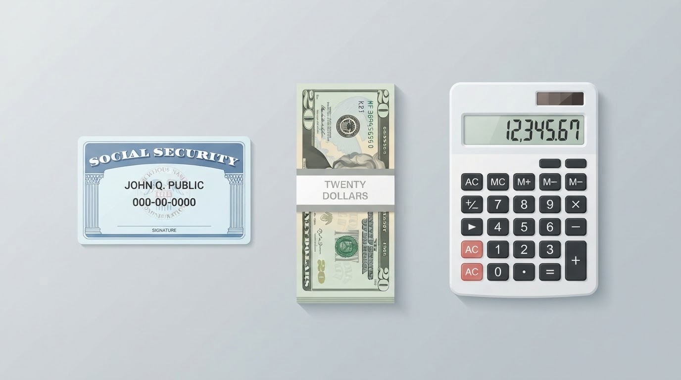 A Social Security card next to a stack of cash and a calculator, illustrating whether Social Security benefits are taxable