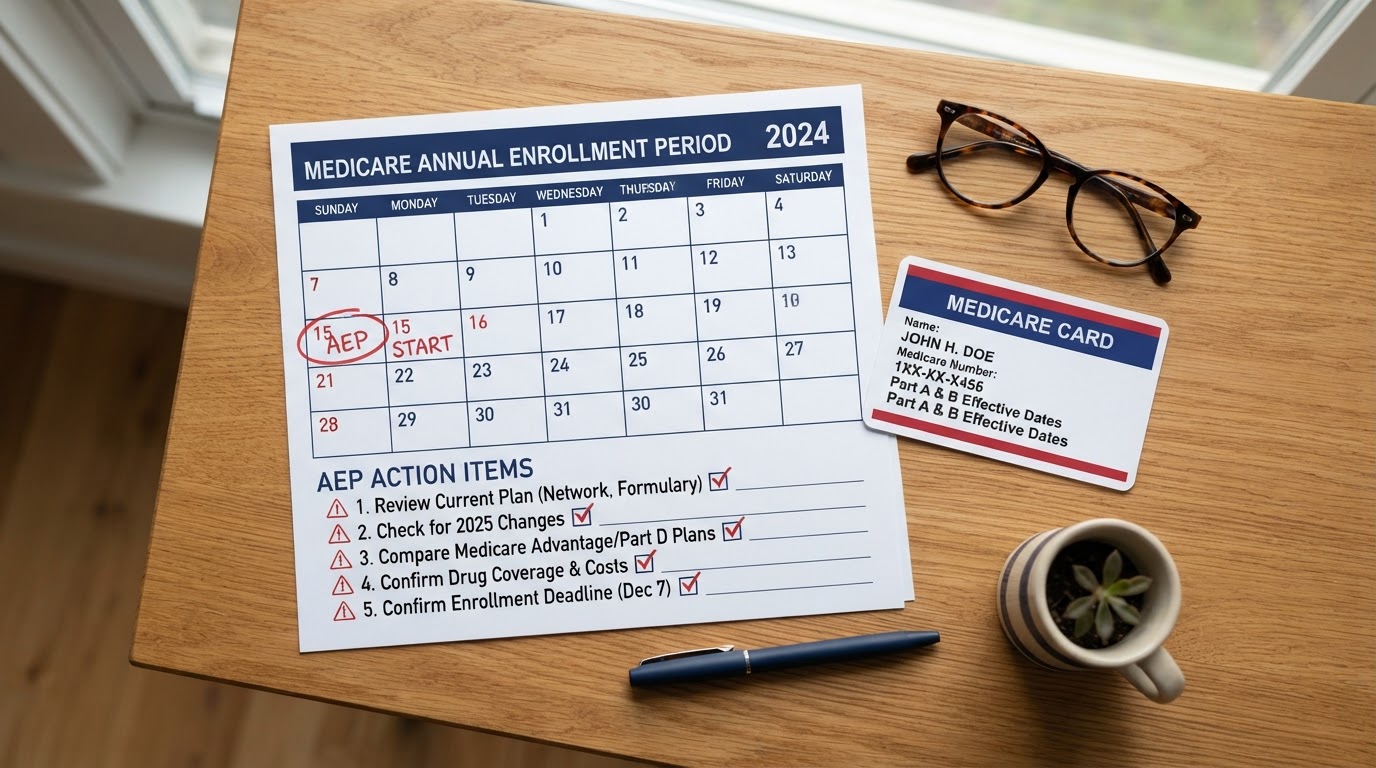 Medicare Annual Enrollment Period calendar with October 15 circled, a five-item checklist with warning icons, reading glasses, and a Medicare card on a wooden desk