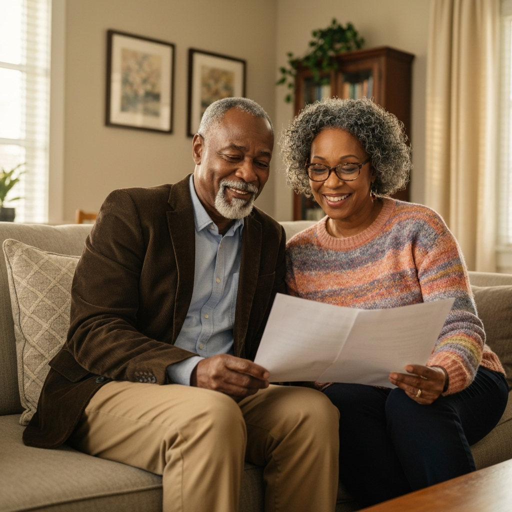 A retired black couple reviewing their secure retirement income floor