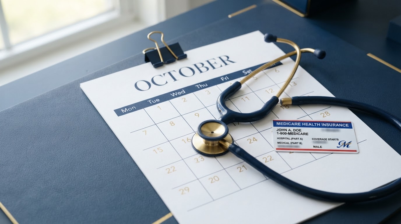 October calendar with stethoscope and Medicare card — book your Metro Detroit Medicare review before AEP opens October 15