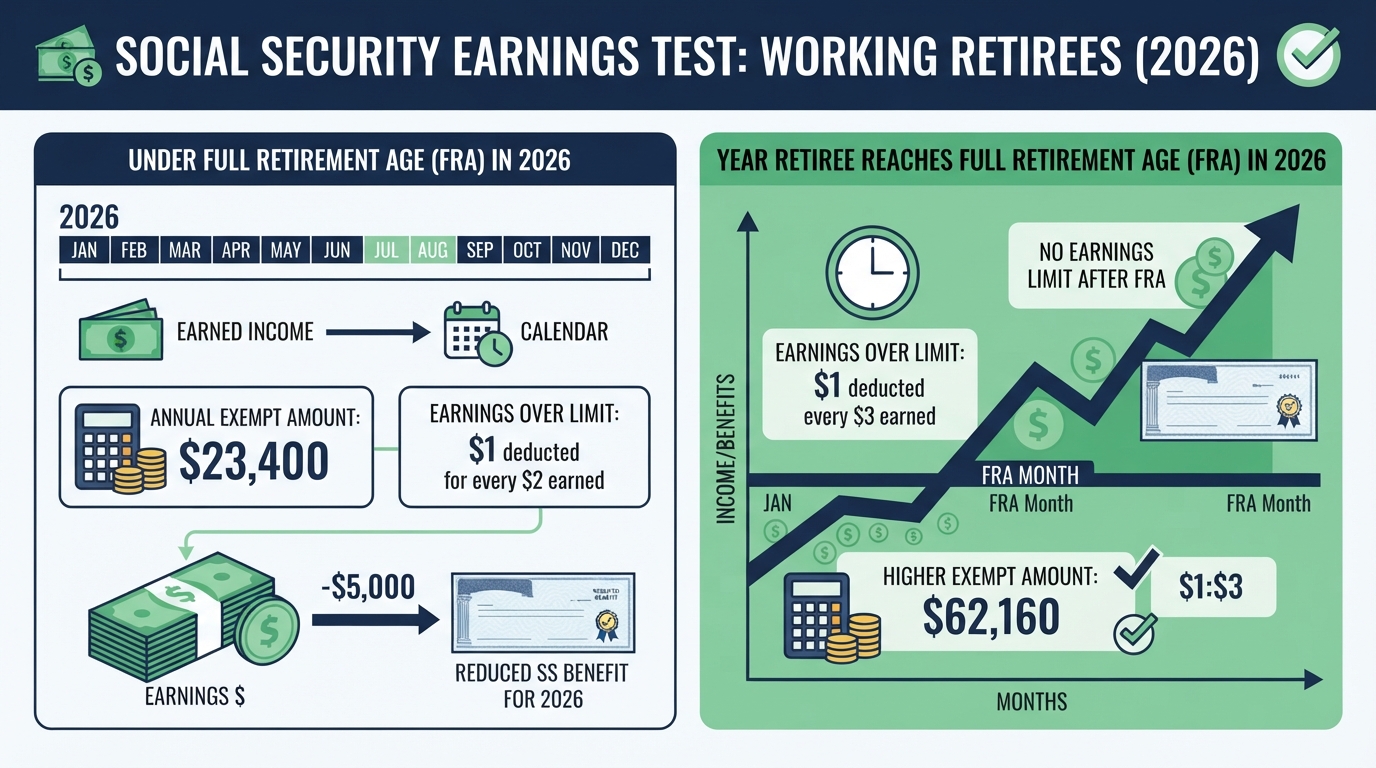 Infographic showing 2026 Social Security earnings test limits and benefit withholding rules