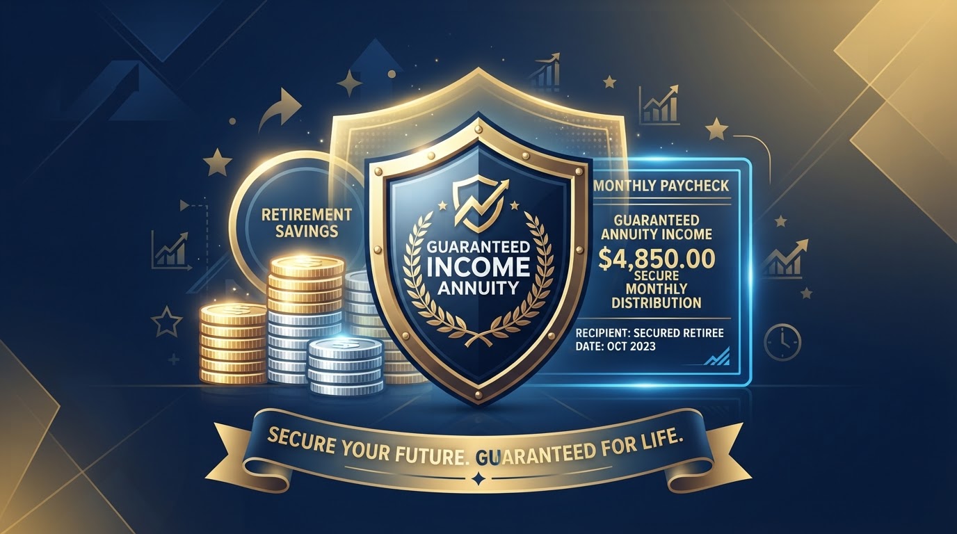 A shield protecting a stack of coins and a monthly paycheck, symbolizing guaranteed retirement income and annuity protection