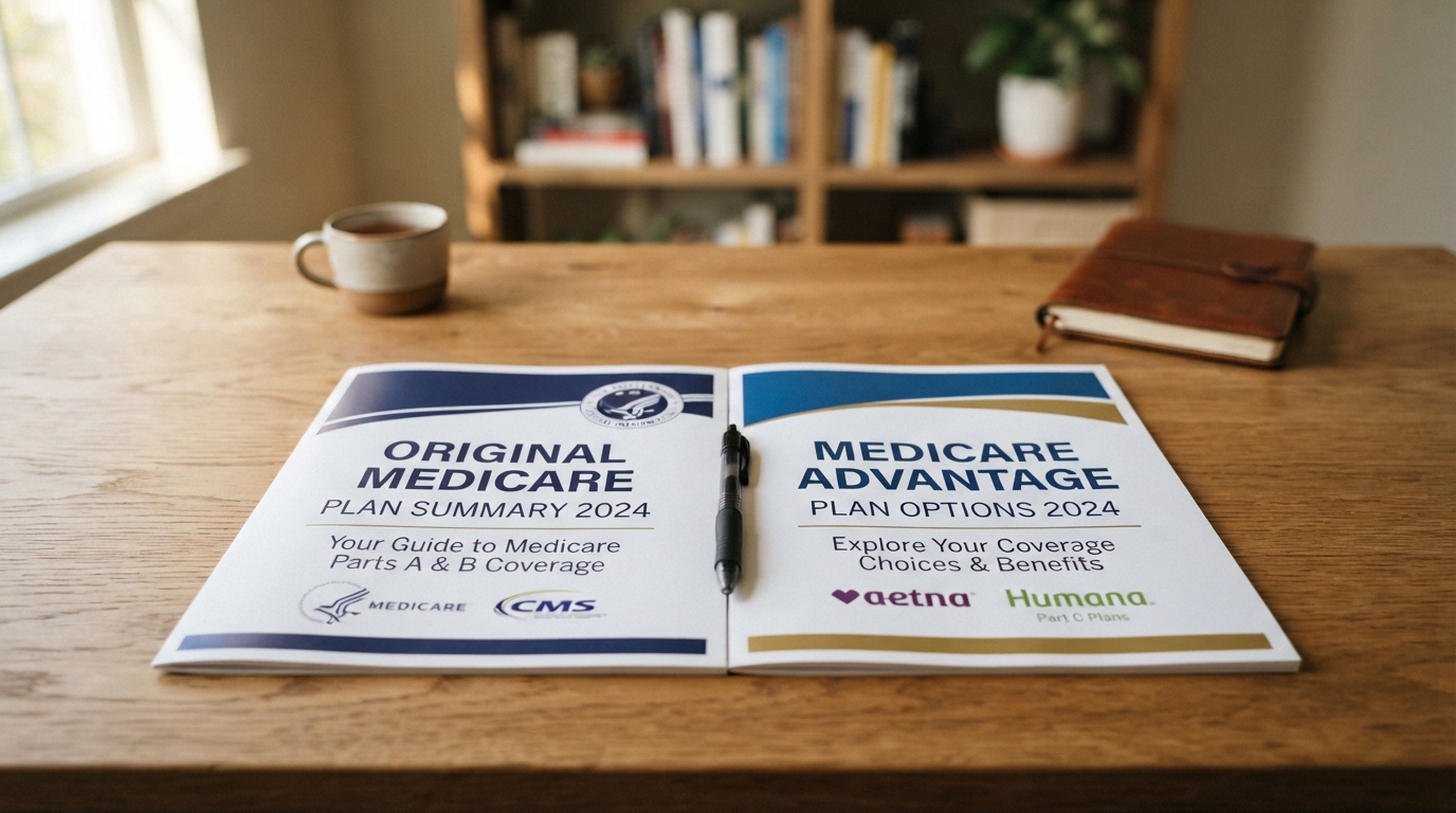 Medicare Advantage vs Original Medicare comparison documents on a desk