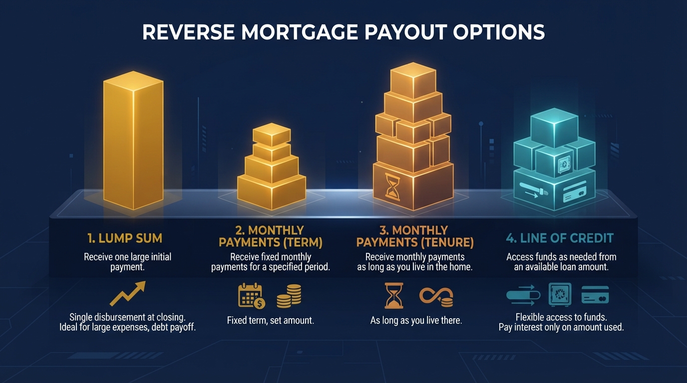 HECM payout options illustration showing lump sum, tenure, term, and line of credit