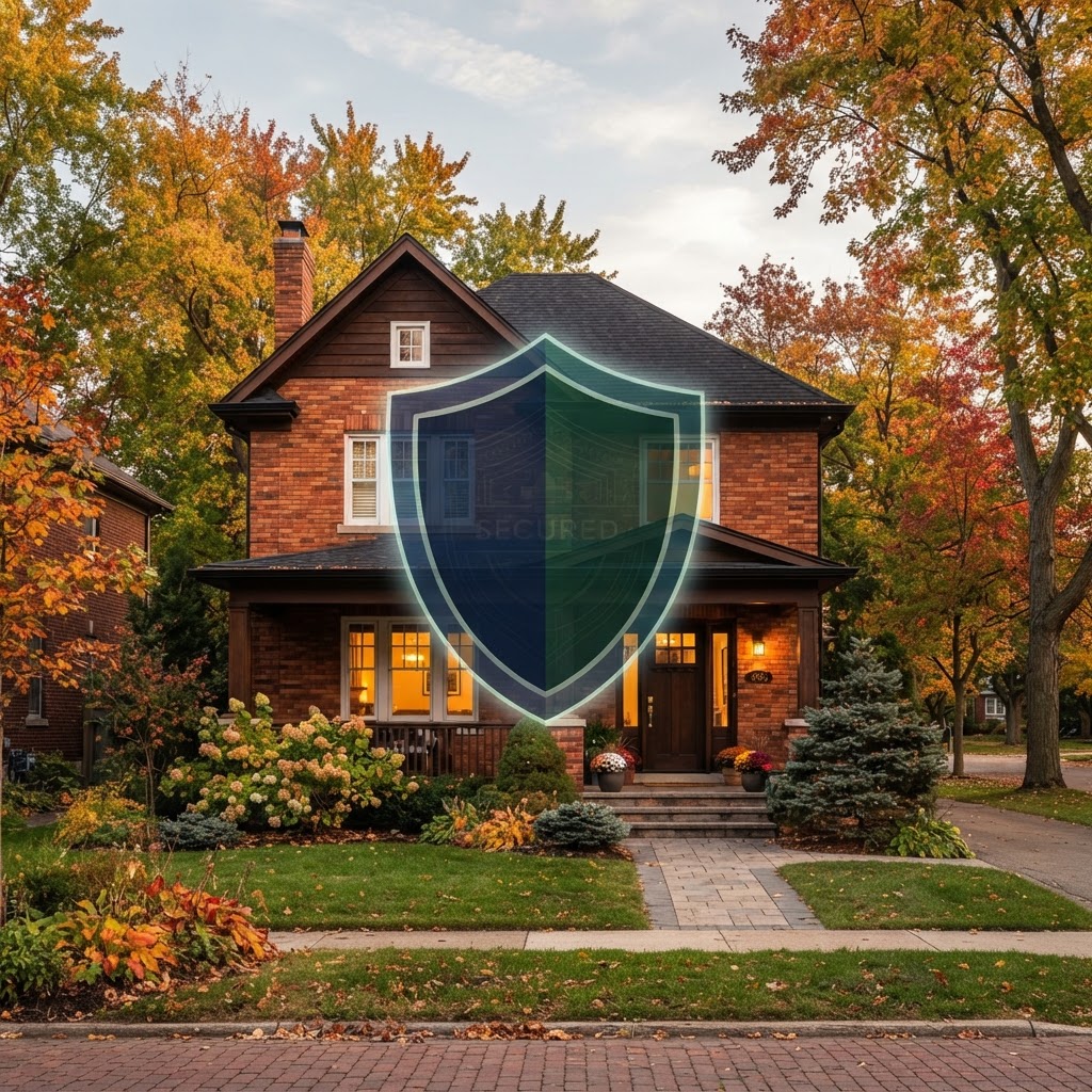 A protective shield over a Metro Detroit brick home, representing family security and long-term care protection