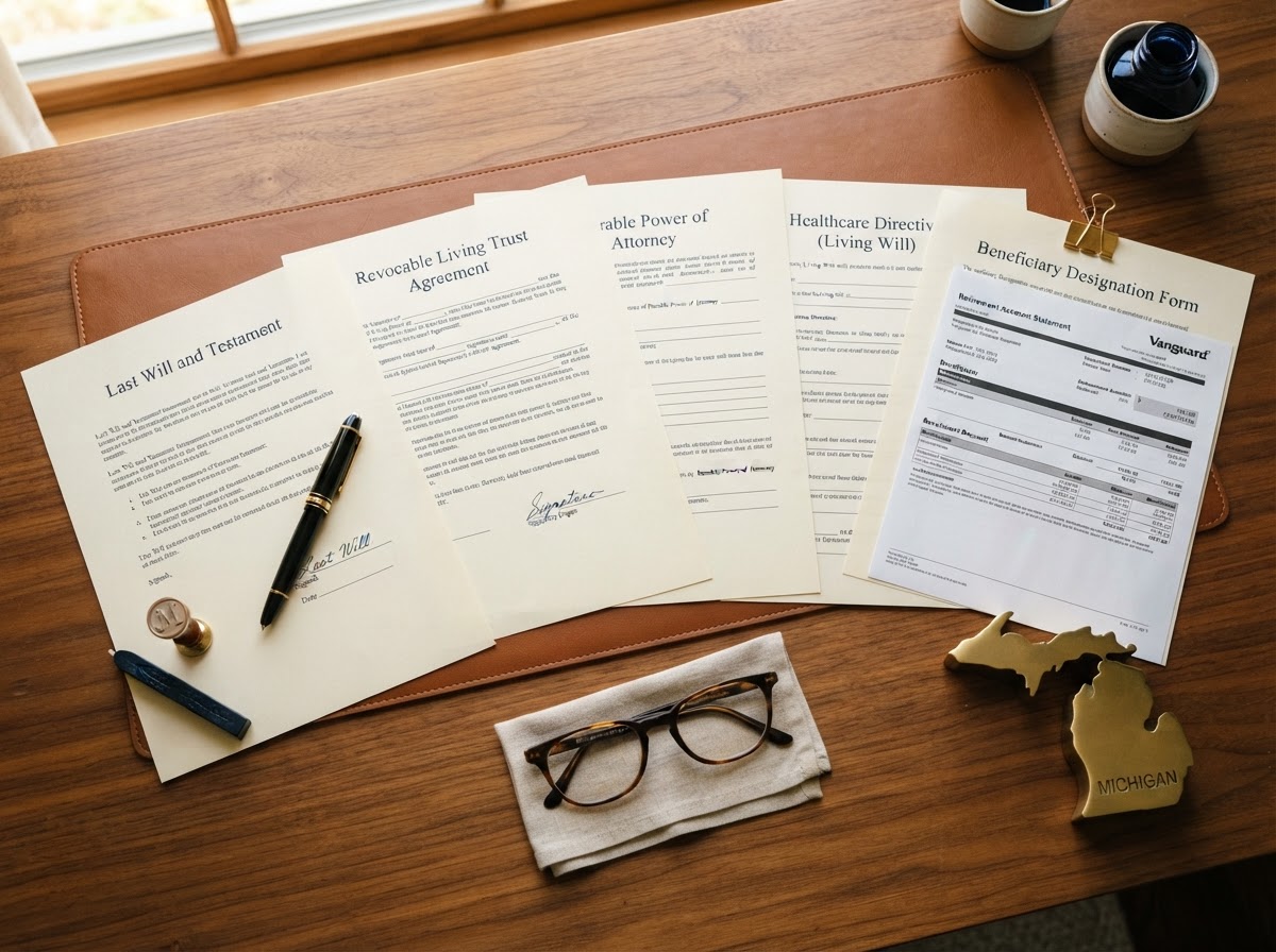 Flat lay of five essential estate planning documents — a will, a trust agreement, a durable power of attorney, a healthcare directive, and a beneficiary designation form — arranged on a wooden desk with a fountain pen, wax seal, reading glasses, and a Michigan state outline paperweight