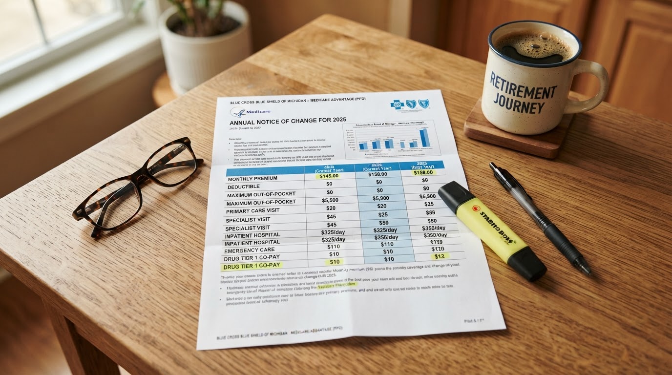 An opened Medicare Annual Notice of Change (ANOC) letter on a kitchen table with reading glasses and a highlighter — what Metro Detroit retirees should check before AEP opens October 15