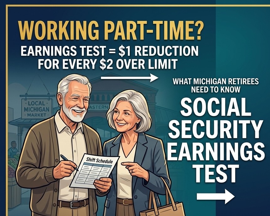 Social Security earnings test graphic showing working part-time retirees in Michigan