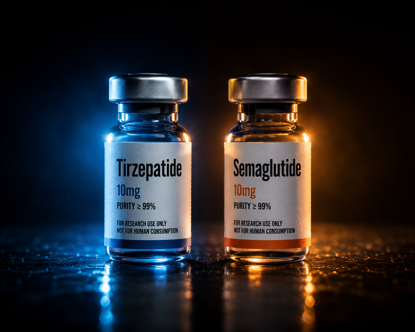 Tirzepatide and Semaglutide vials, peptide research compounds, 10mg purity, FDA regulatory status.