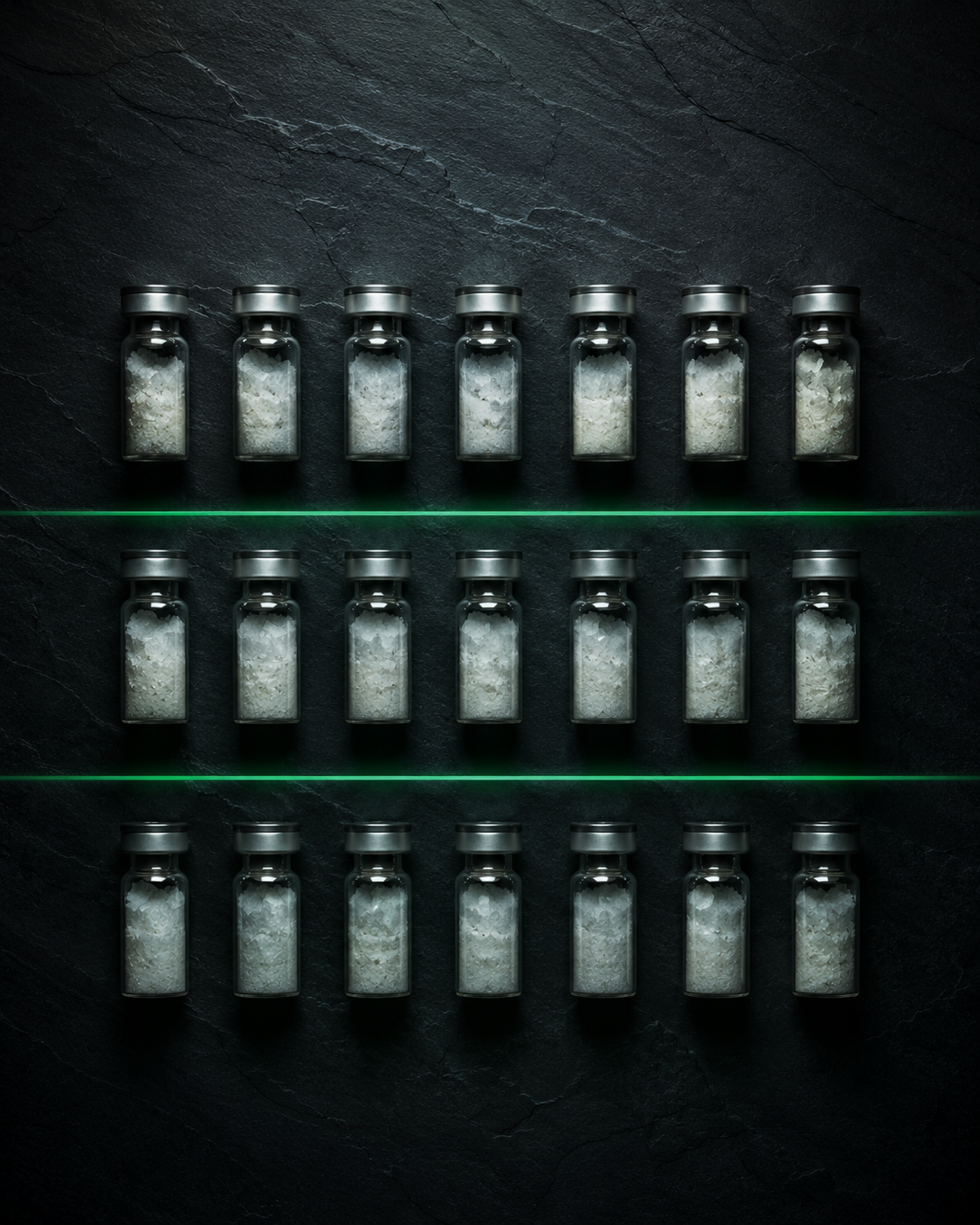 Peptide vials arranged on shelves illustrating reconstitution process and accurate dosing for PepOS users.