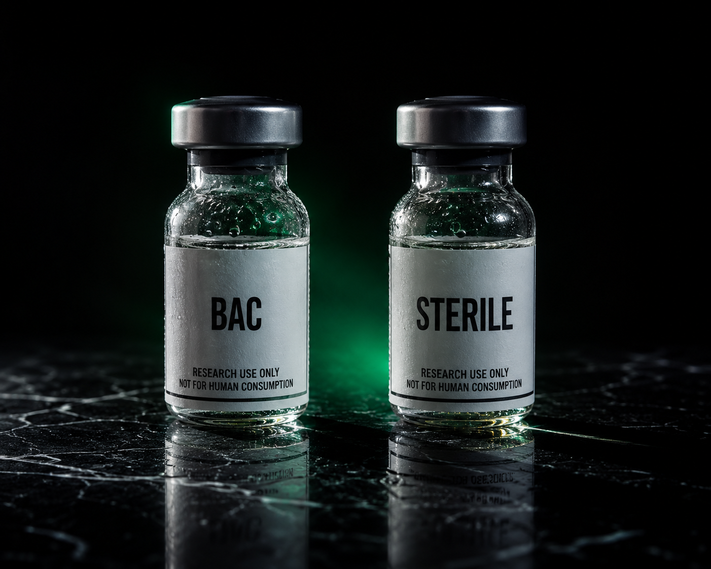 BAC and sterile water vials for peptide reconstitution and dose calculation in PepOS.
