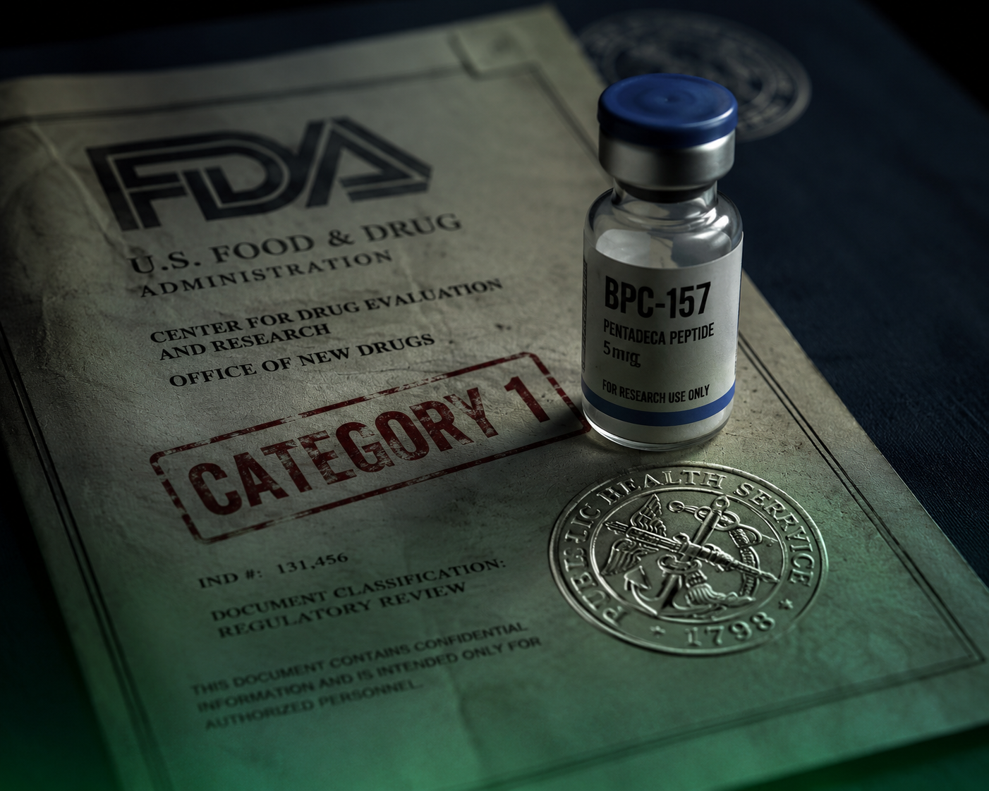 FDA document and BPC-157 peptide vial for research use only.