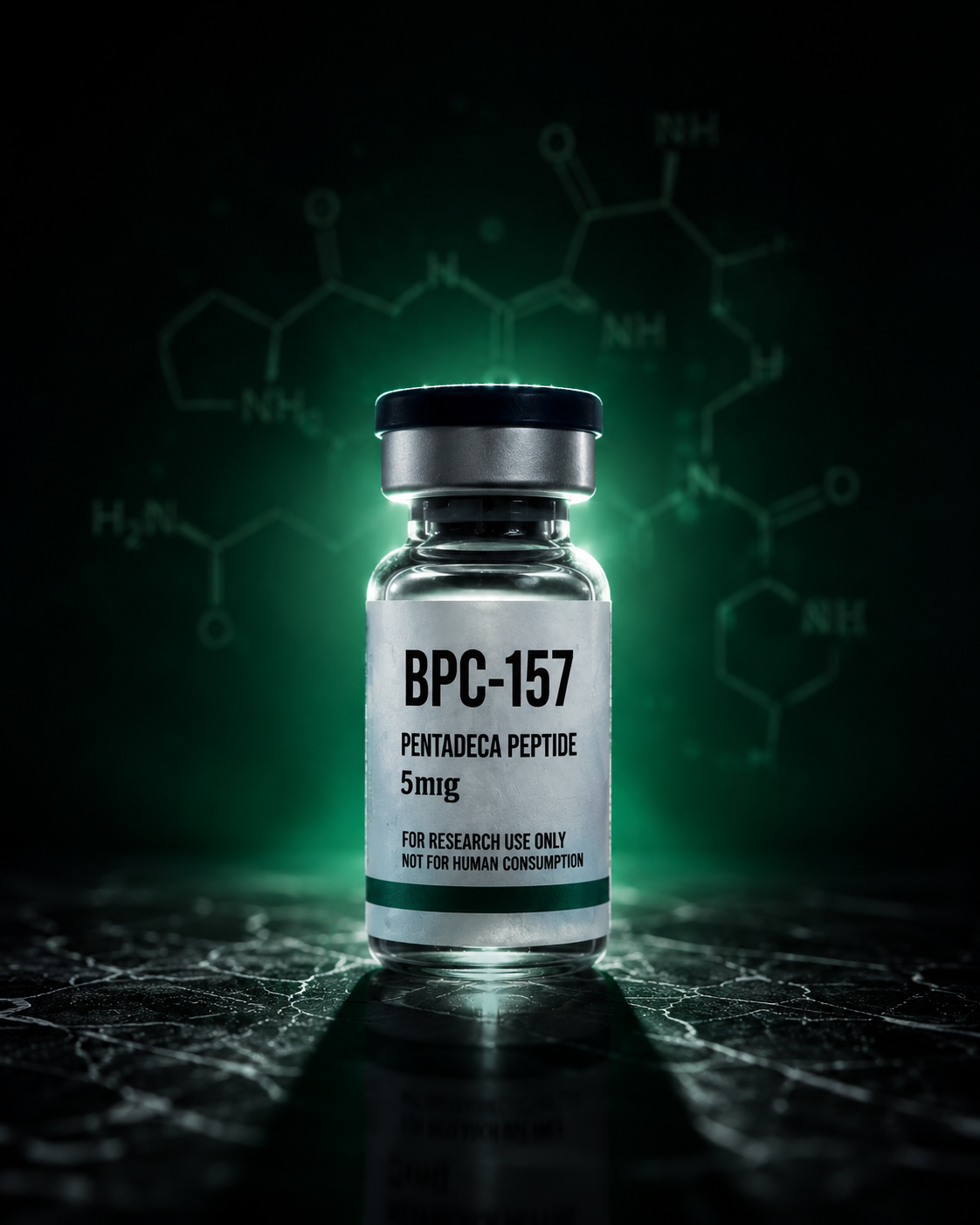 BPC-157 peptide vial and molecular structure, 5mg, for research use only.