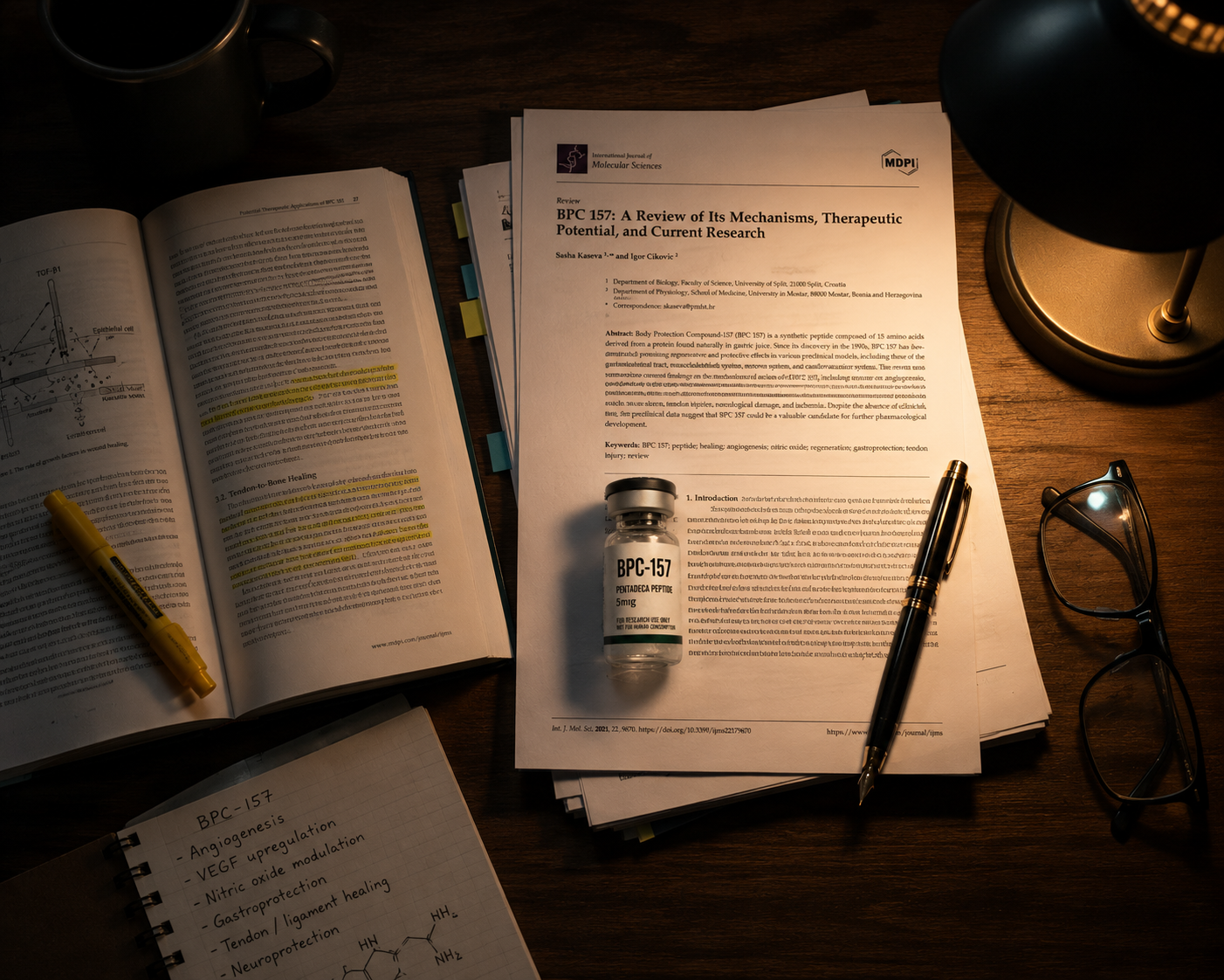 Research papers and peptide vial illustrating PepOS evidence sourcing methodology.
