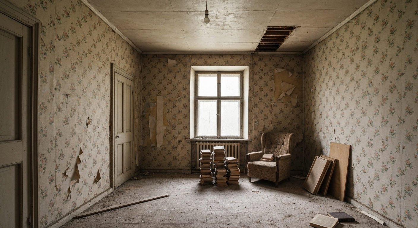 Room before renovation with peeling paint