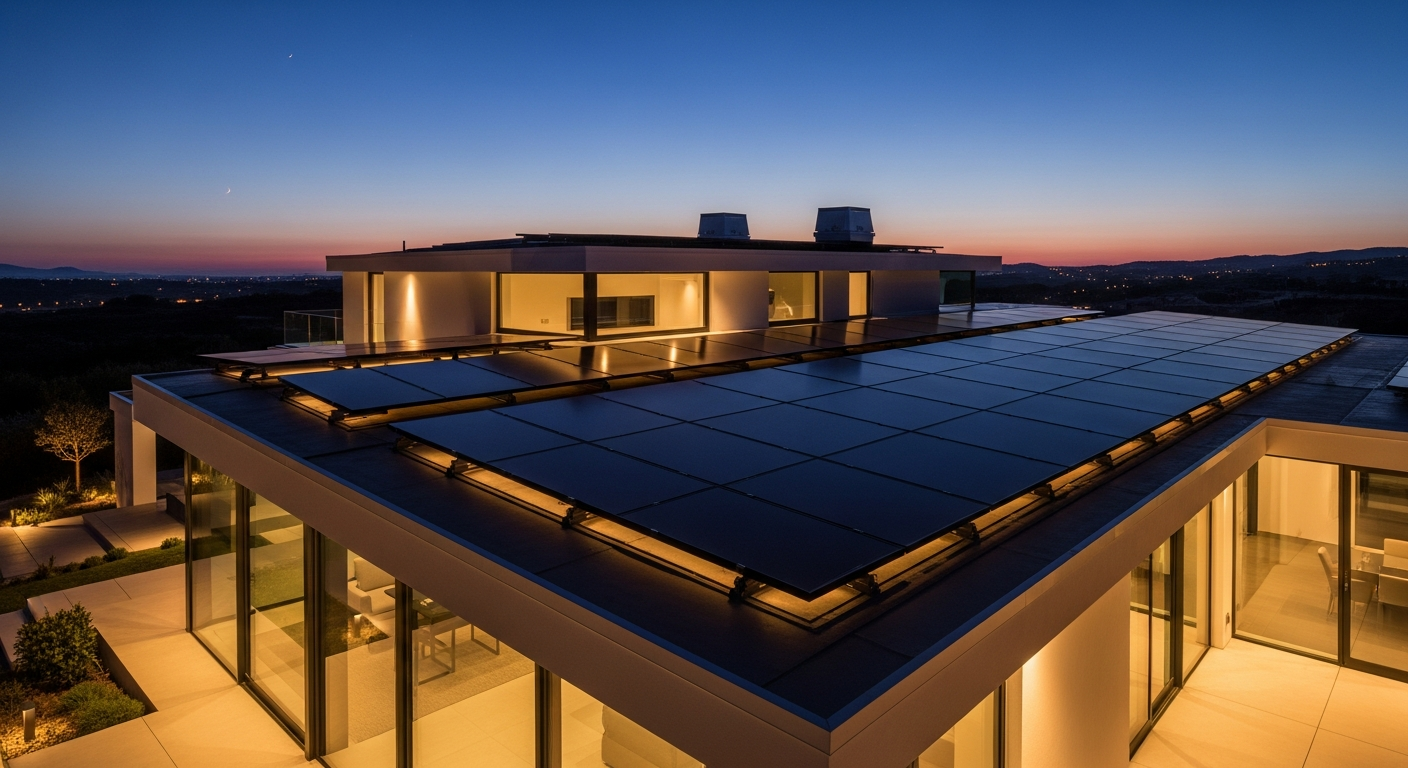 Modern luxury home with solar panels at twilight