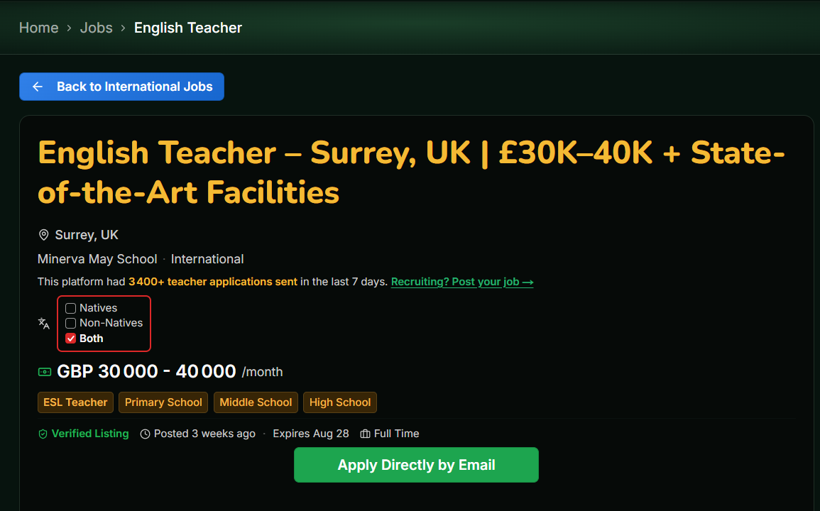 Surrey, UK β English Teacher | Β£30Kβ40K + State-of-the-Art Facilities