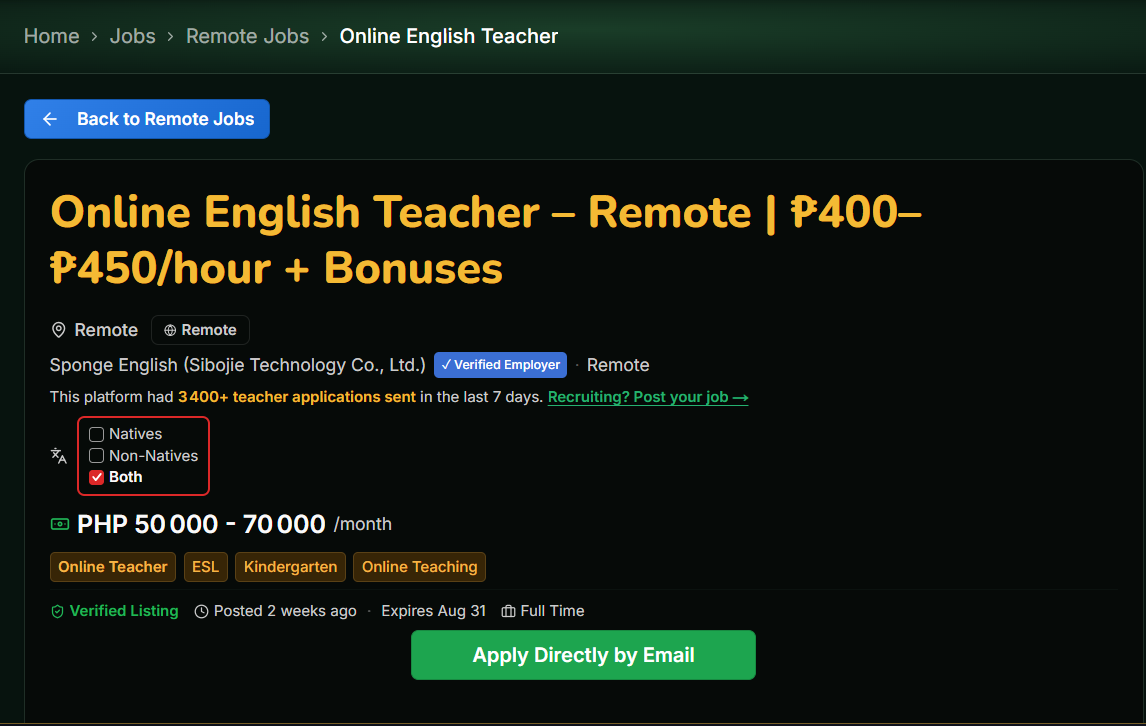 Online English Teacher β Remote | β±400ββ±450/hour + Bonuses