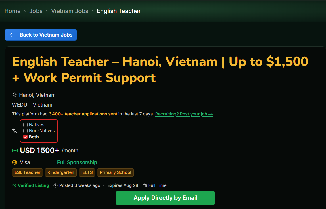 Hanoi, Vietnam β English Teacher | Up to $1,500 + Work Permit