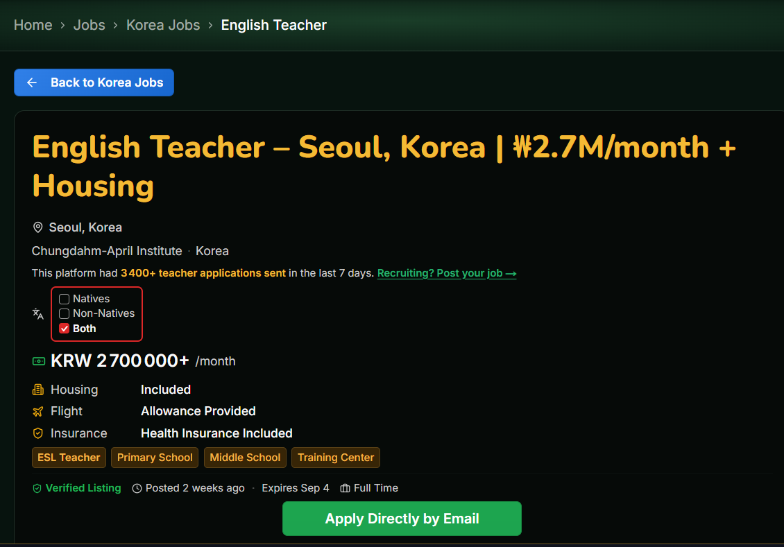 Seoul, Korea β English Teacher | β©2.7M/month + Housing