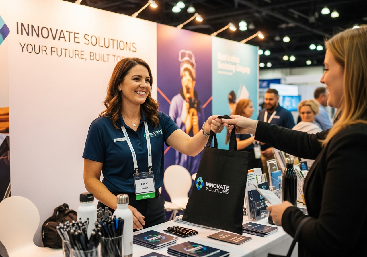 Salesperson handing out promotional products at a trade show