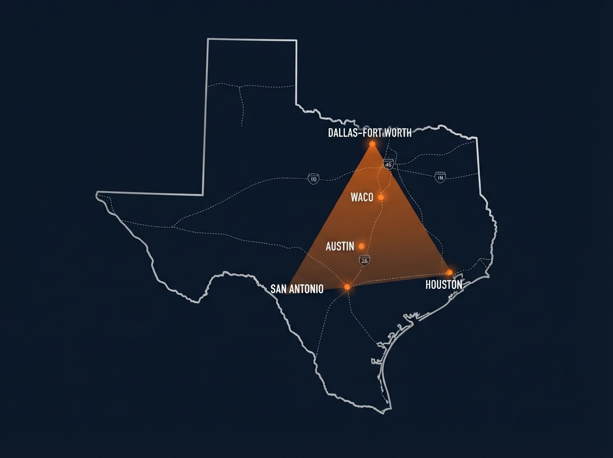 Texas Triangle Map — Dallas-Fort Worth, Waco, Austin, San Antonio, and Houston