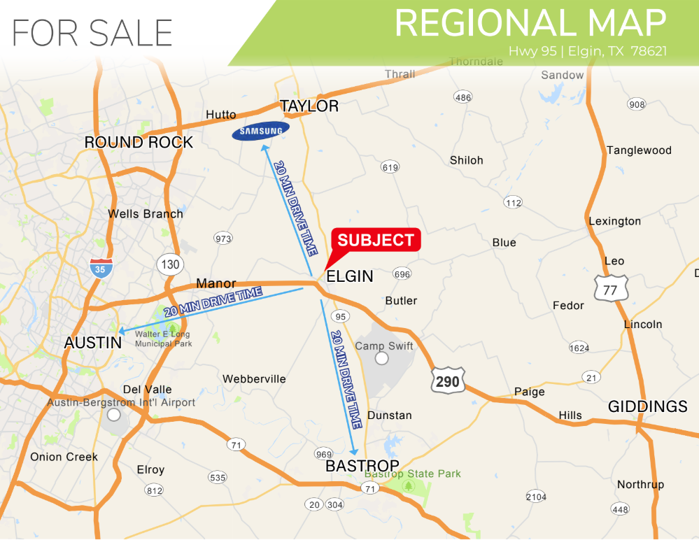 Aerial site overview: ±76-acre industrial tract with proposed 50,000 SF facility footprint along State Highway 95 in Elgin, Texas