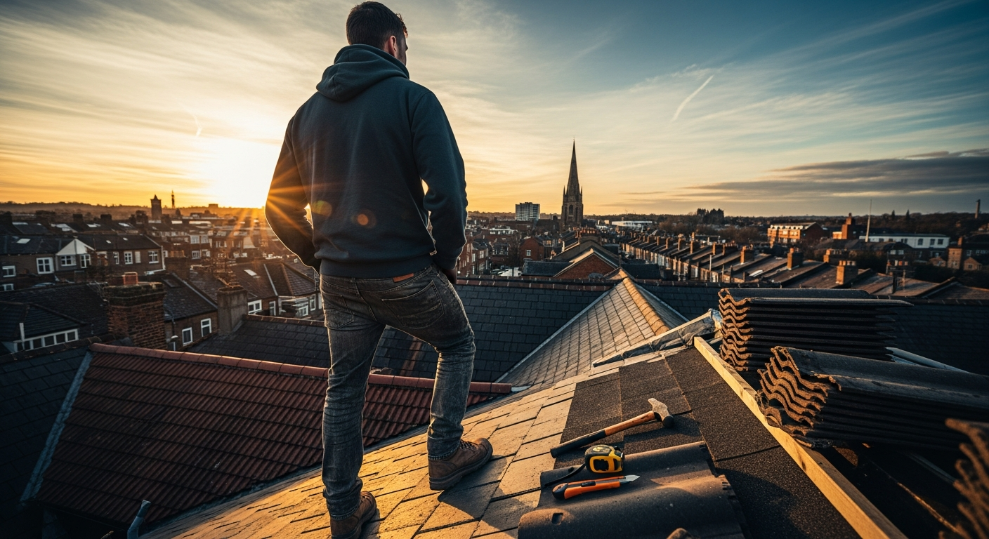 Roofer overlooking city