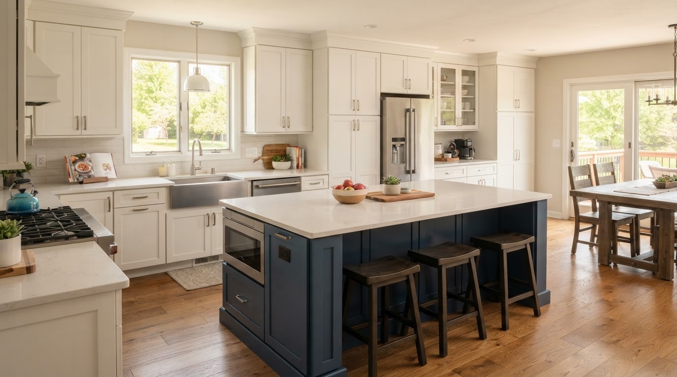 New semi-custom kitchen cabinets with an island installed in a Bettendorf Iowa home