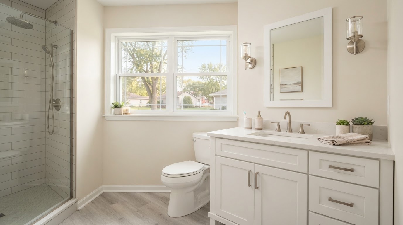 Modern bathroom renovation with new windows in a Quad Cities home, a Mad City alternative