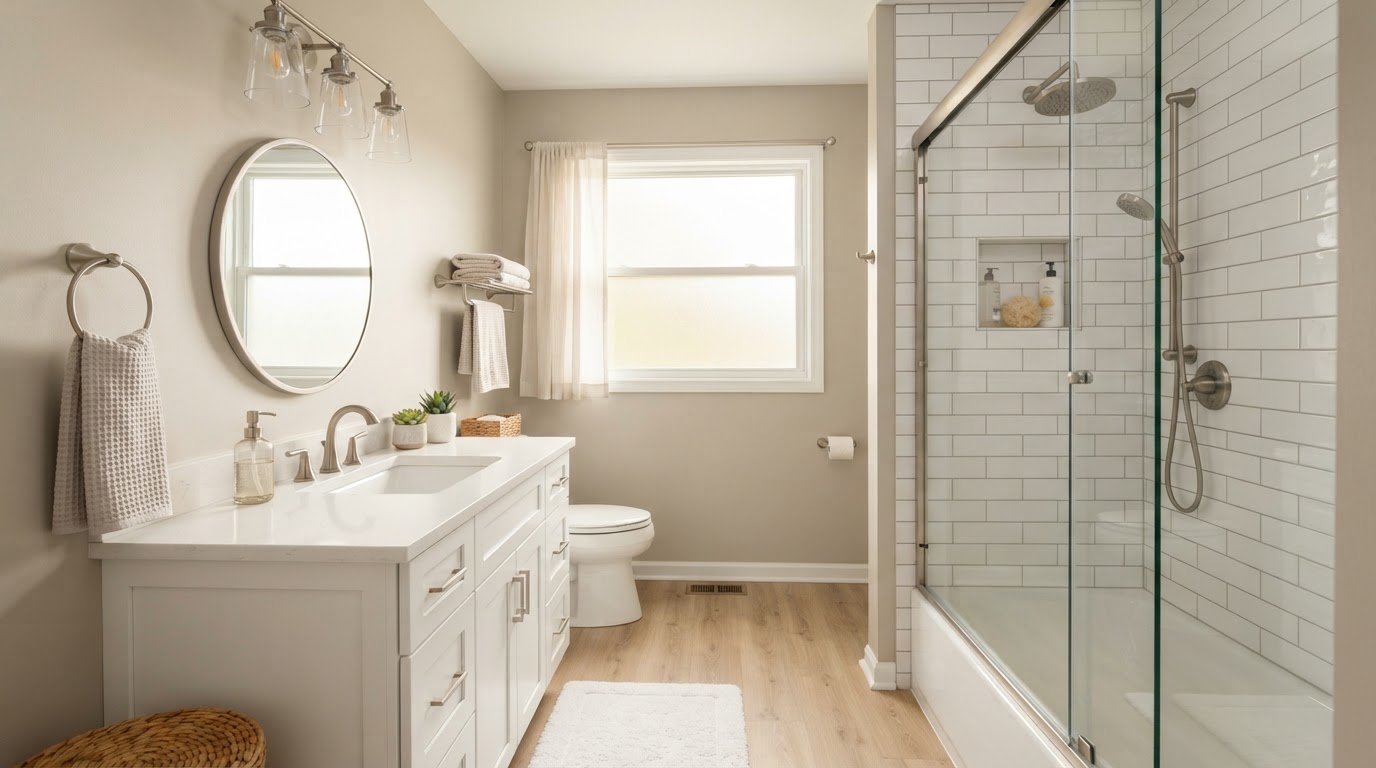 Renovated midrange bathroom with white shaker vanity and subway tile shower in a Quad Cities home