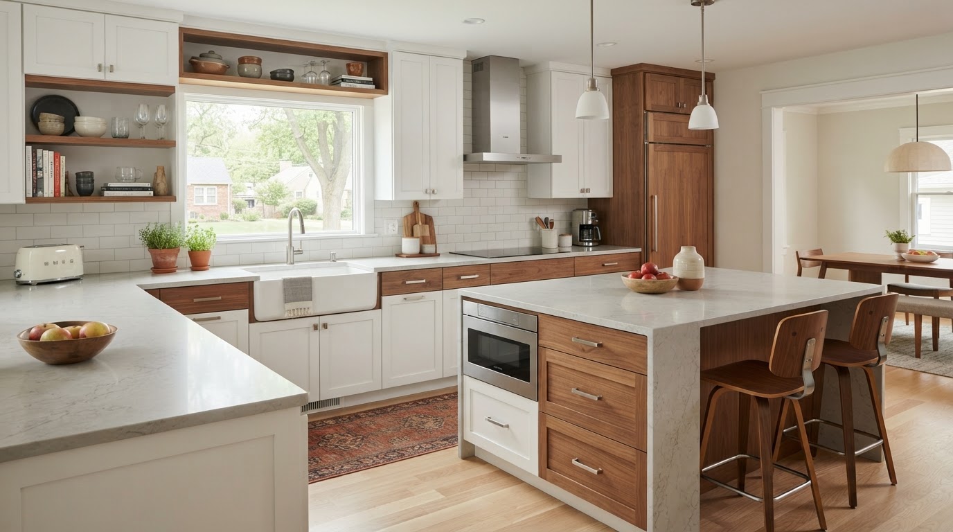 Refaced white shaker kitchen cabinets with new hardware in a Quad Cities home