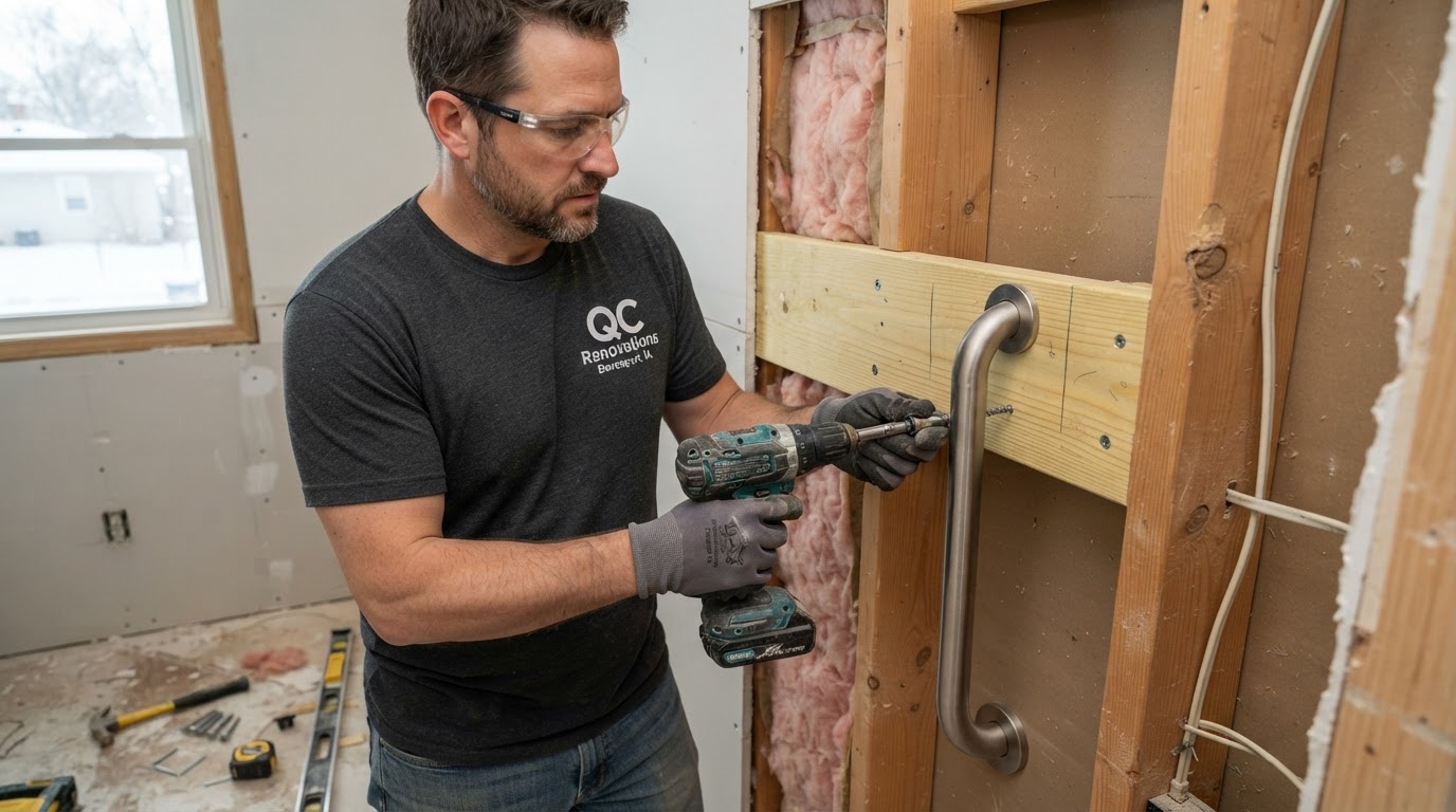 Contractor installing wood blocking and mounting a stainless steel grab bar into studs during a Quad Cities bathroom remodel