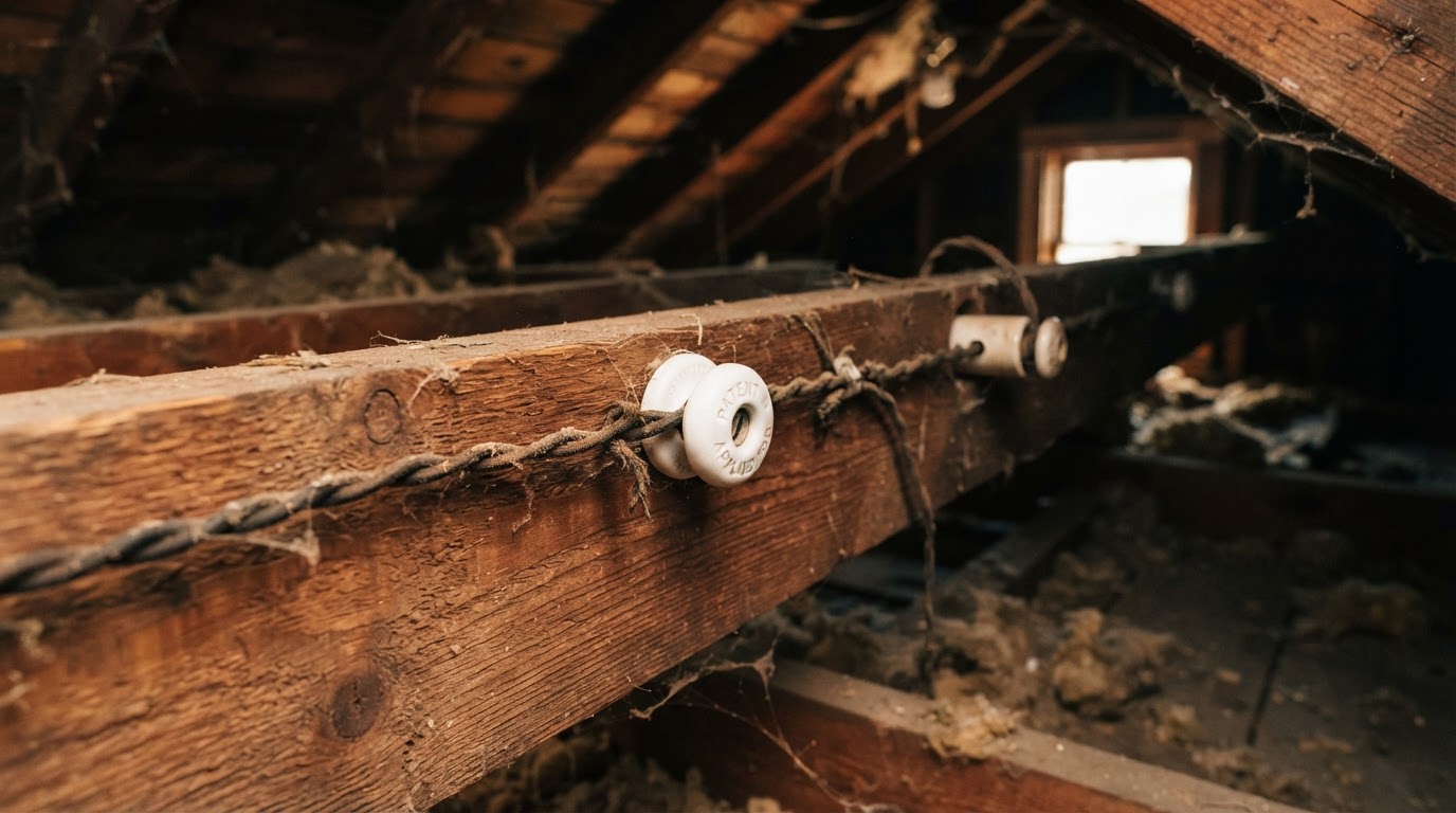 Old knob-and-tube electrical wiring with ceramic knobs in a Quad Cities attic