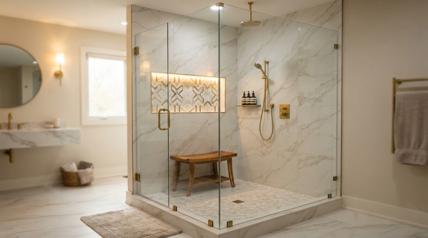 Custom tile walk-in shower with marble-look porcelain and brass fixtures in a Quad Cities luxury bathroom