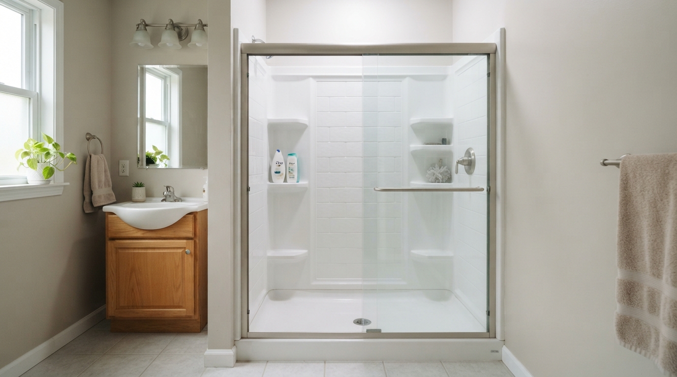 Prefab acrylic walk-in shower kit in a modest Quad Cities bathroom