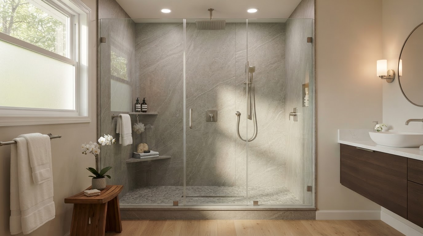 Engineered-stone walk-in shower alternative to Kohler LuxStone in a Quad Cities home