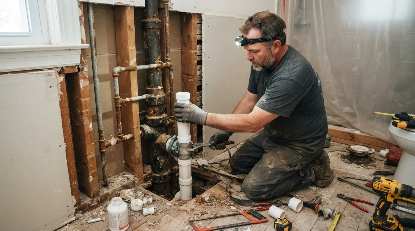 Rusted cast iron drain pipe being replaced during a bathroom remodel in an older Midwest home