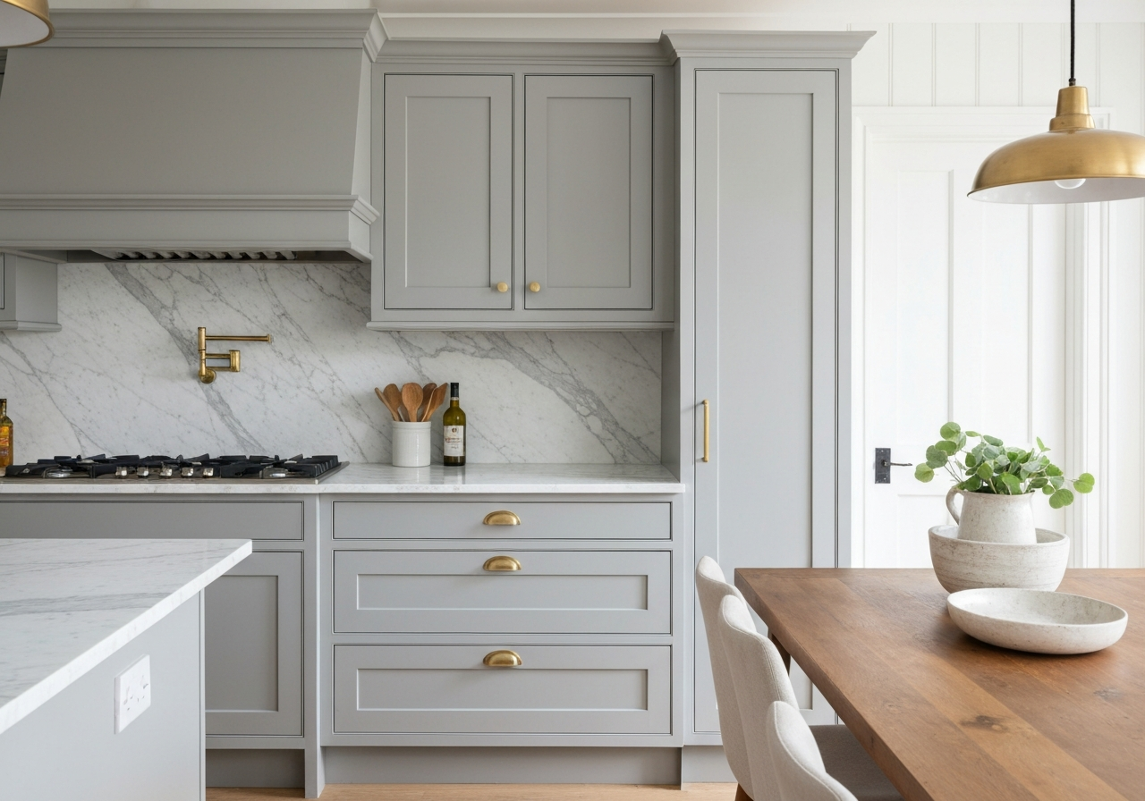 Transitional gray shaker kitchen with brass