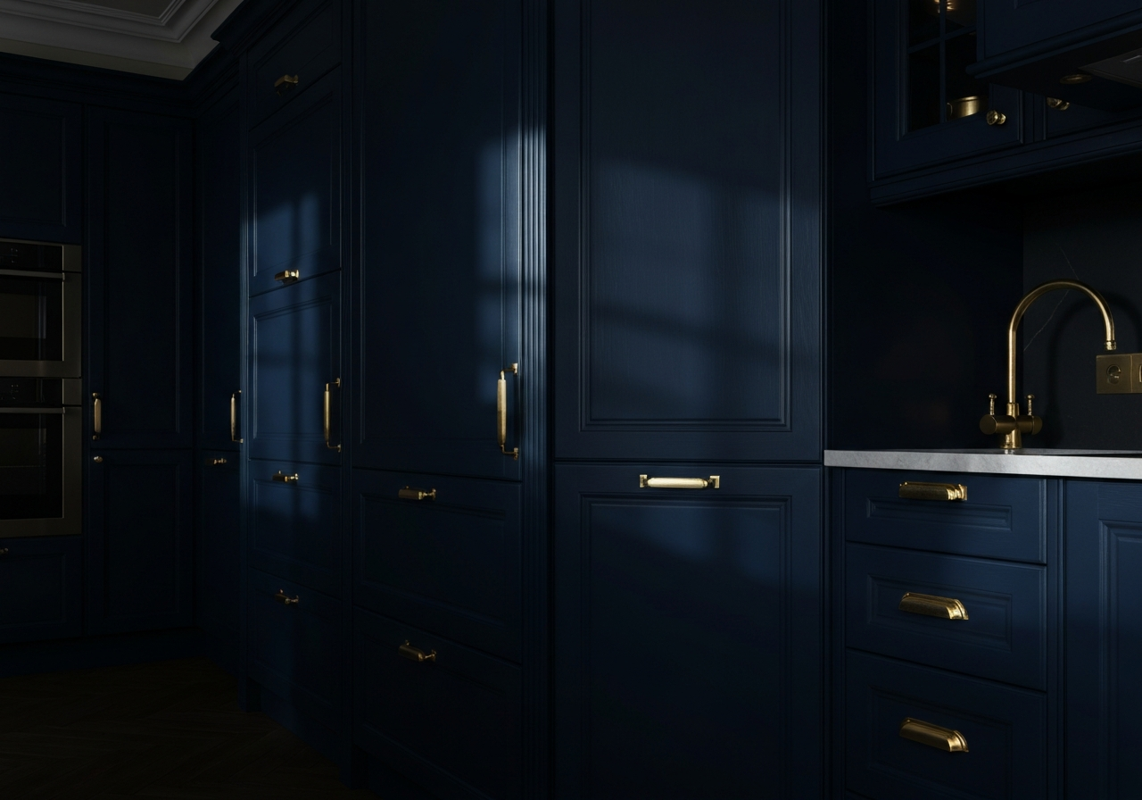 Dark moody navy kitchen with gold hardware