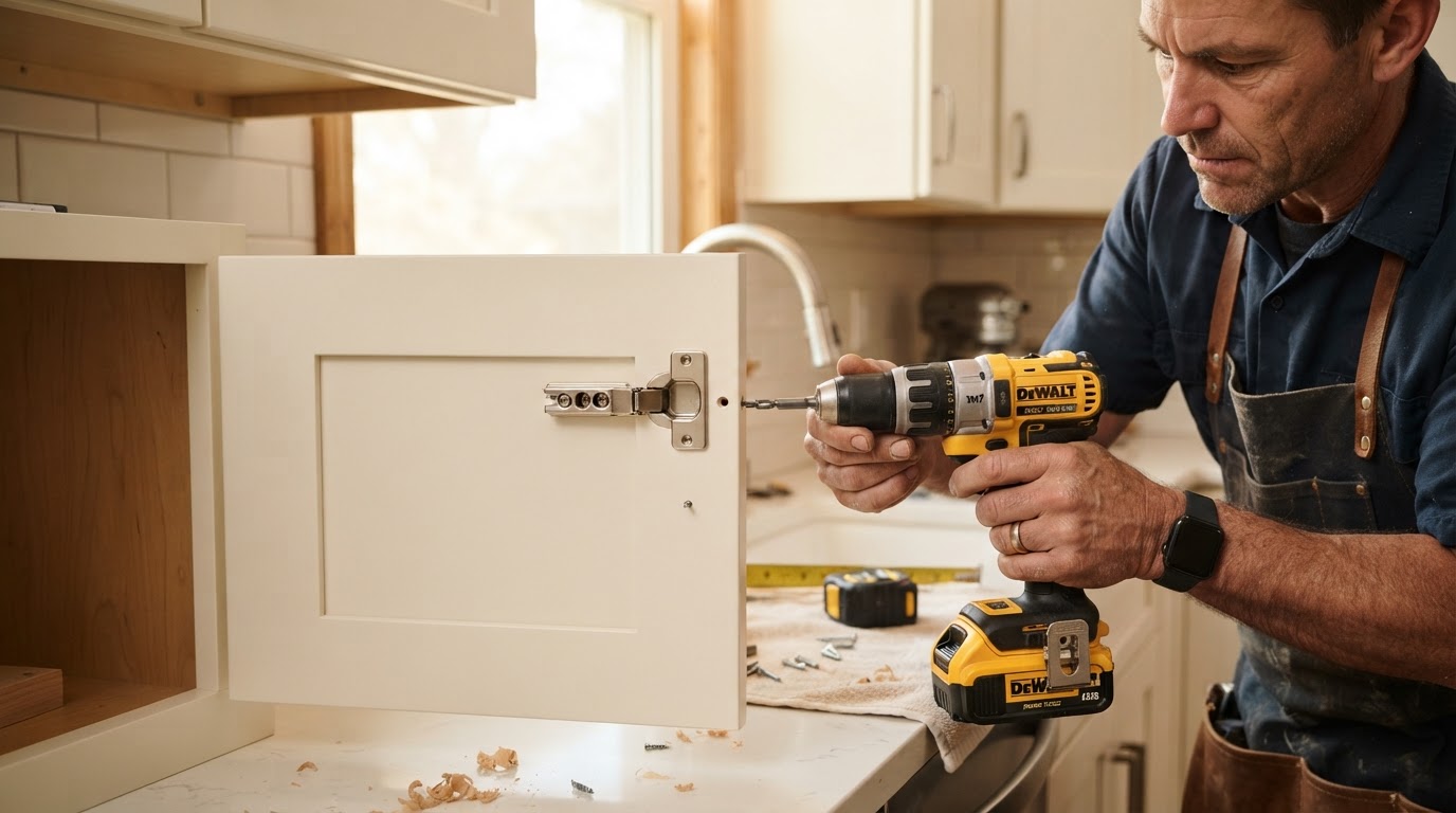 Carpenter installing new cabinet door hinges on refaced kitchen cabinets in a Davenport Iowa home