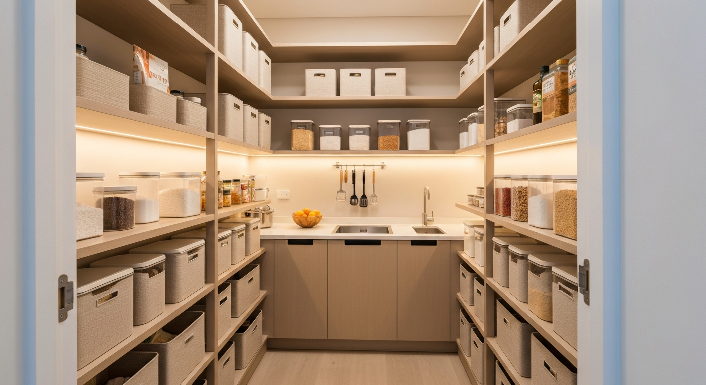 A beautifully organized walk-in pantry in a modern home